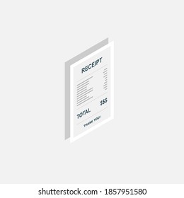 Receipt paper, bill check, invoice, cash receipt. White stroke and shadow design. Right view isometric icon. shop receipt or bill, atm check with tax/vat.