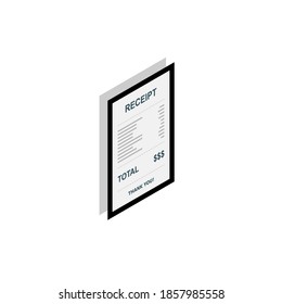 Receipt paper, bill check, invoice, cash receipt. Black stroke and shadow design. Right view isometric icon. shop receipt or bill, atm check with tax/vat.