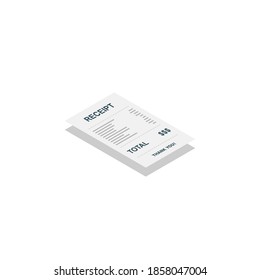Papel de recibo, cheque de factura, factura, recibo de efectivo. Diseño de sombra. Icono isométrico de vista derecha. recibo de compra o factura, cheque de atm con impuesto/IVA.