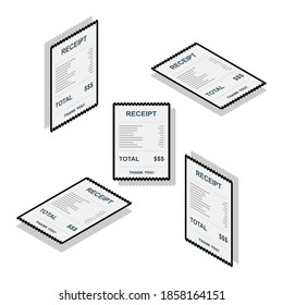 Papel de recibo, cheque de factura, factura, recibo de efectivo. Diseño de trazo negro y sombra. Isometric & Flat icon. recibo de compra o factura, cheque de atm con impuesto/IVA.