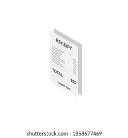 Receipt paper, bill check, invoice, cash receipt. Shadow design. Left view isometric icon. shop receipt or bill, atm check with tax/vat.