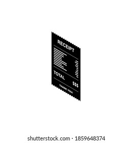 Receipt paper, bill check, invoice, cash receipt. White outline design. Left view isometric icon. shop receipt or bill, atm check with tax/vat.