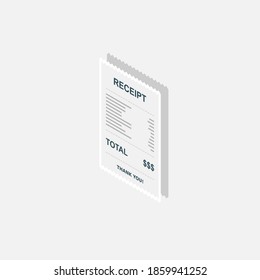 Receipt paper, bill check, invoice, cash receipt. White stroke and shadow design. Left view isometric icon. shop receipt or bill, atm check with tax/vat.