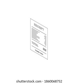 Papel de recibo, cheque de factura, factura, recibo de efectivo. Borde negro. Icono isométrico de la vista izquierda. recibo de compra o factura, cheque de atm con impuesto/IVA.