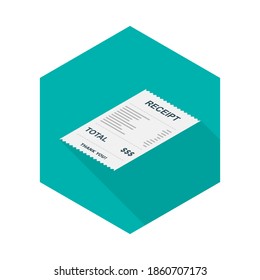 Receipt paper, bill check, invoice, cash receipt. Left view isometric icon. shop receipt or bill