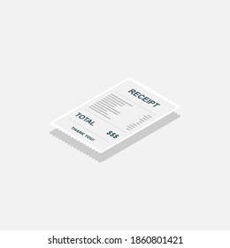 Papel de recibo, cheque de factura, factura, recibo de efectivo. Diseño de trazo blanco y sombra. Icono isométrico de la vista izquierda. recibo de tienda o factura