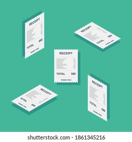 Receipt paper, bill check, invoice, cash receipt. Isometric and Flat icon. shop receipt or bill