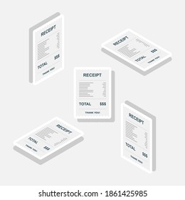 Receipt paper, bill check, invoice, cash receipt. White stroke and shadow design. Isometric and Flat icon. shop receipt or bill