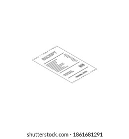 Receipt paper, bill check, invoice, cash receipt. Black outline. Right view isometric icon. shop receipt or bill