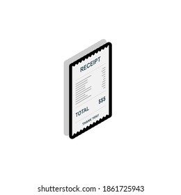 Receipt paper, bill check, invoice, cash receipt. Black stroke and shadow design. Right view isometric icon. shop receipt or bill