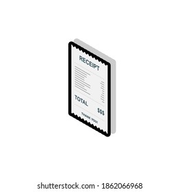 Receipt paper, bill check, invoice, cash receipt. Black stroke and shadow design. Left view isometric icon. shop receipt or bill