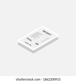 Receipt paper, bill check, invoice, cash receipt. White stroke and shadow design. Left view isometric icon. shop receipt or bill