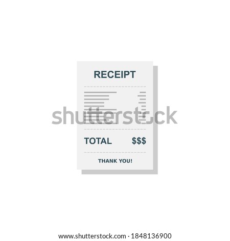 Receipt paper, bill check, invoice, cash receipt. Shadow design. Isolated icon. shop receipt or bill, atm check with tax/vat.