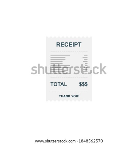 Receipt paper, bill check, invoice, cash receipt. White background. Isolated icon. shop receipt or bill, atm check with tax/vat.