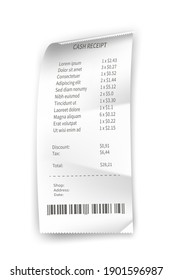 Receipt, paper bill, shop and supermarket check vector illustration template. Realistic list of purchases with prices, barcode, taxes, payment with money on white. Finance transactions.