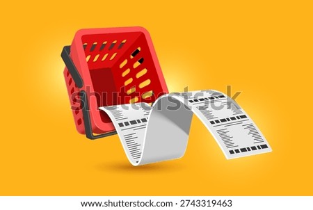 Receipt paper fell out of the empty red shopping basket after purchases were made, vector 3d illustration isolated on orange background for online shopping advertising design, vector for banner design