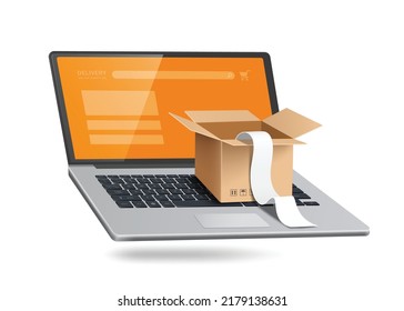 Receipt Paper Flower From An Empty Brown Box That Has Been Opened And All Object Place On Laptop Computer,vector 3d Isolate For Online Shopping,delivery,transport Advertising Concept Design