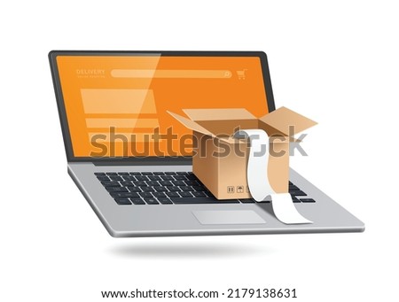 Receipt paper flower from an empty brown box that has been opened and all object place on laptop computer,vector 3d isolate for online shopping,delivery,transport advertising concept design