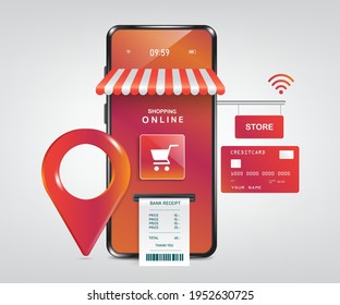 Receipt paper is flowing out after inserting credit card to charge,smartphone store for shopping online and payment online condept,vector smartphone store for advertising,shopping online on applicatio