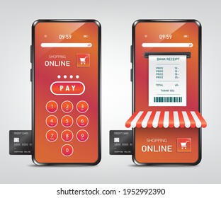 El papel de recibo fluye después de insertar la tarjeta de crédito a cobrar, la tienda de smartphones para comprar en línea y el código de pago en línea, la tienda de vectores para publicidad, la venta en línea en aplicación 
