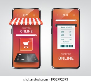 Receipt paper is flowing out after inserting credit card to charge,smartphone store for shopping online and payment online condept,vector smartphone shop for advertising,shopping online on application