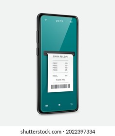 El papel de recibo fluye desde la pantalla del smartphone para el concepto financiero y de pago en línea, smartphone aislado en fondo blanco para el diseño de publicidad