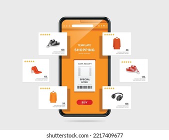 Receipt paper flows from smartphone screen after customer presses order icon,product display layout template on smartphone online shopping platform,vector 3d isolated for shopping online concept - Shutterstock ID 2217409677