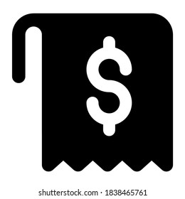 Receipt paper icon, payment bill in filled style 