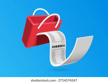 Quittungspapier oder Rechnung fließt aus der 3D-minimalistischen Stil roten Einkaufstasche nach Zahlung für Online-Shopping, Vektor 3D-Illustration auf blauem Hintergrund für Werbedesign