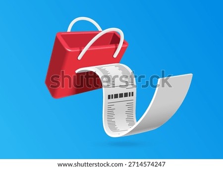 Receipt paper or invoice flows out of the 3D minimalist style red shopping bag after paying for online shopping, vector 3d illustration on blue background for advertising design