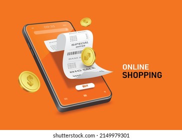 Receipt paper and one dollar coin on smartphone screen and there were many coins floating around in the air for financial and online shopping concept design,vector 3d islated virtual for advertising