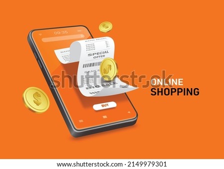 Receipt paper and one dollar coin on smartphone screen and there were many coins floating around in the air for financial and online shopping concept design,vector 3d islated virtual for advertising
