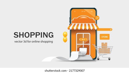 Receipt paper poured out of the smartphone shop and there's a parcel box in a shopping cart on the side of store,vector 3d isolated on white background for online shopping and delivery concept design