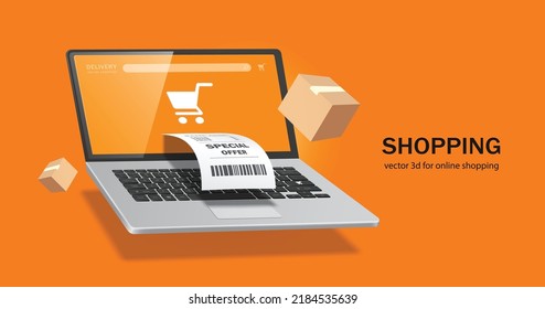 Receipt Paper With Special Offer Text Flows From Laptop Computer With Shopping Cart Icon On Screen And There Are Cardboard Boxes Or Parcels Floating Around,vector 3d For Delivery And Online Shopping