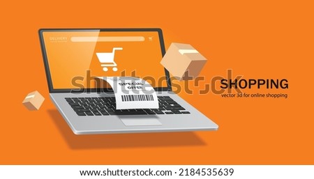 Receipt paper with special offer text flows from laptop computer with shopping cart icon on screen and there are cardboard boxes or parcels floating around,vector 3d for delivery and online shopping