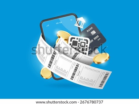 Receipt paper wrapped around a smartphone, credit card, QR code and coins floating around it for advertising online payments via smartphone app transfer or scanning, vector 3d for digital payment
