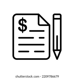 Receipt With Pen Line Icon. Credit Card, Debit, Terminal, Check, Atm, Receipt, Power Of Attorney, Contract, Notary, Bureaucracy. Money Concept. Vector Black Line Icon On A White Background