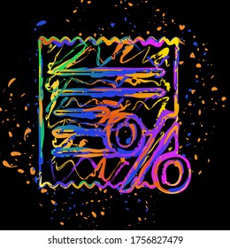 Receipt and percent. Colored ink with splashes on black background