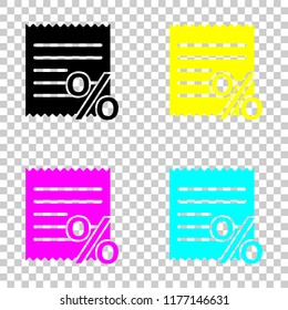 Receipt and percent. Colored set of cmyk icons on transparent background