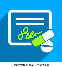 Receipt and Pills long shadow vector icon. Style is a flat receipt and pills iconic symbol on a blue square background.