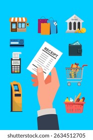 Receipt for Purchase. Hand holds paper receipt. Bill icon of payment. Expense balance of shopping. Vector illustration stock Illustration