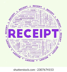 Receipt - round badge. Text receipt with keywords word clouds and circular text. Hokkaido Lavender color theme and grunge texture. Astonishing vector illustration.