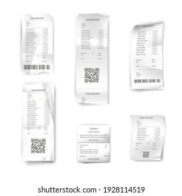 Receipt set. Paper bills, shop and supermarket checks vector illustration. Realistic lists of purchases with prices, barcodes, QR codes, taxes, payment with money on white. Finance transactions.
