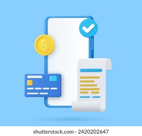 Receipt for smartphone screen. 3D bill payment with credit card and financial security for online shopping, online payment credit card 3D with payment protection concept. Vector illustration
