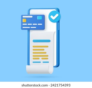 Receipt for smartphone screen. 3D bill payment with credit card and financial security for online shopping, online payment credit card 3D with payment protection concept. Vector illustration