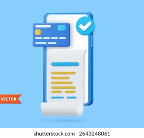 Reçu pour écran de téléphone intelligent. Paiement de facture 3D avec carte de crédit et sécurité financière pour les achats en ligne, paiement en ligne carte de crédit 3D avec concept de protection de paiement. Illustration vectorielle