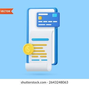Reçu pour écran de téléphone intelligent. Paiement de facture 3D avec carte de crédit et sécurité financière pour les achats en ligne, paiement en ligne carte de crédit 3D avec concept de protection de paiement. Illustration vectorielle