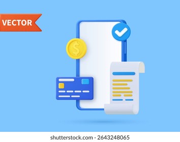 Reçu pour écran de téléphone intelligent. Paiement de facture 3D avec carte de crédit et sécurité financière pour les achats en ligne, paiement en ligne carte de crédit 3D avec concept de protection de paiement. Illustration vectorielle