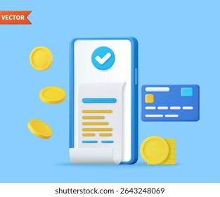 Reçu pour écran de téléphone intelligent. Paiement de facture 3D avec carte de crédit et sécurité financière pour les achats en ligne, paiement en ligne carte de crédit 3D avec concept de protection de paiement. Illustration vectorielle