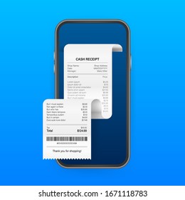 Receipt for smartphone screen. Pay tax online receipt Business card for mobile app design. Mobile bank app. Vector stock illustration.